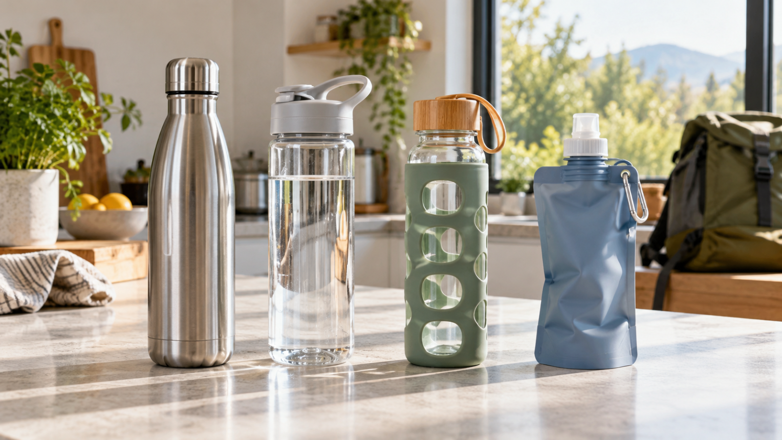 Plusieurs gourdes réutilisables de matériaux et formats différents pour choisir le modèle adapté