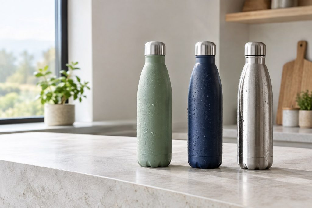 Comparatif de gourdes isothermes 1 litre sur un plan de travail clair