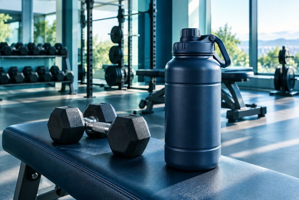 Gourde de musculation près d'haltères dans une salle lumineuse