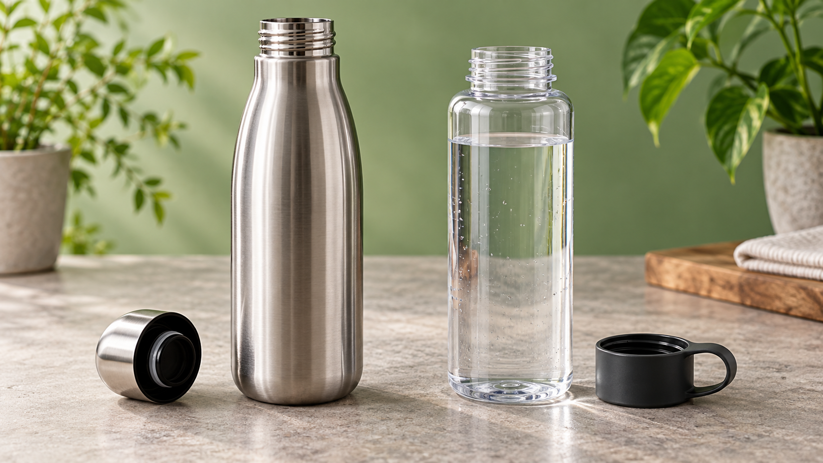 Gourde en inox et gourde en plastique réutilisable comparées côte à côte