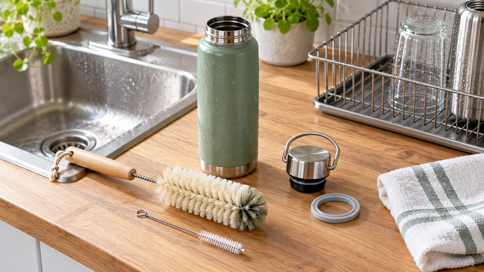 Gourde démontée avec goupillon, petites brosses et accessoires de nettoyage