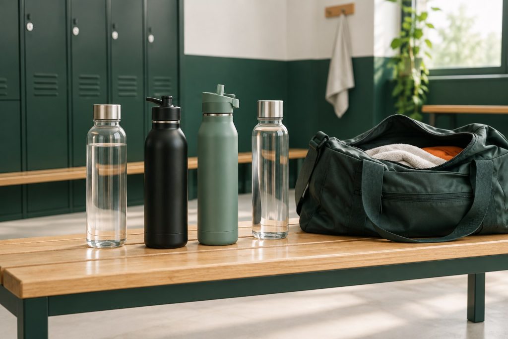 Quatre gourdes étanches comparées à côté d’un sac de sport